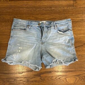Blue Jean Shorts with Distressed Look and Frayed Hem